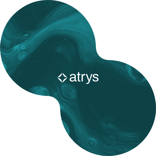 Logo de Atrys sobre fondo turquesa con textura fluida